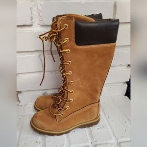 Timberland Girls Tan Leather Lace-Up Knee-High Boots(item 83780), Size 13.5